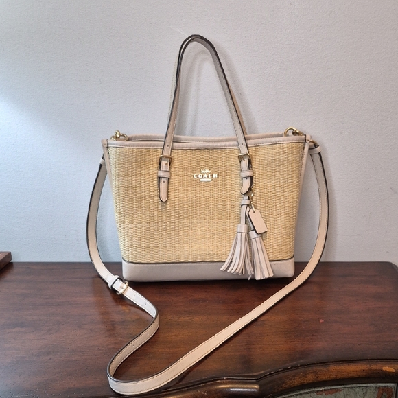 Coach Handbags - Coach Mollie Tote Straw with Beige Leather Trim and Tassel Crossbody